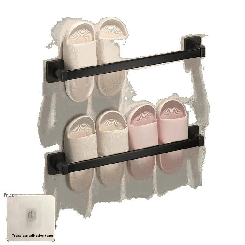 Black wall-mounted bathroom slipper rack with seat, punch-free carbon steel design, 30cm size
