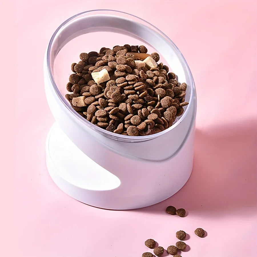 Clear white elevated cat food bowl with ergonomic tilt design for neck protection