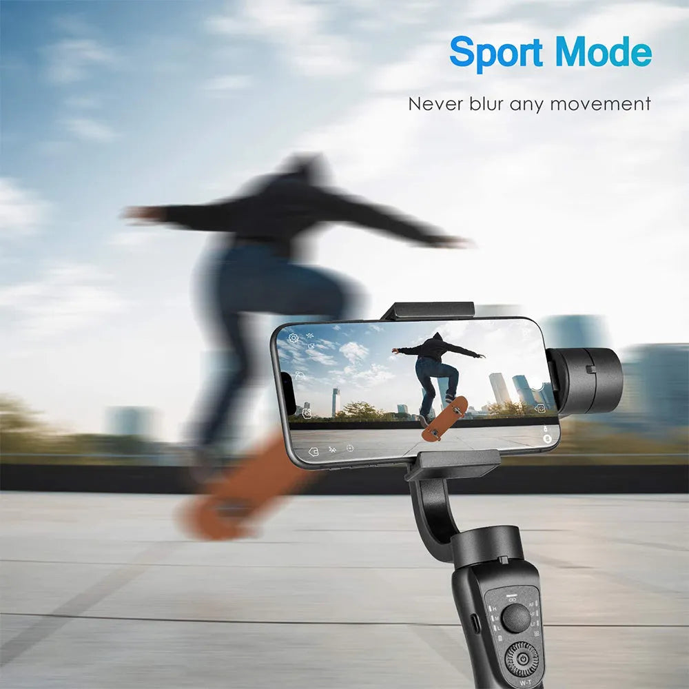 Black three-axis handheld gimbal stabilizer for mobile phones with tripod accessory