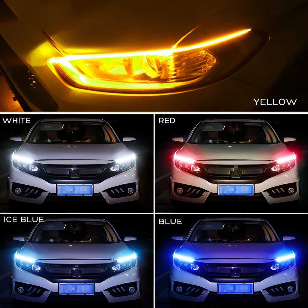 Waterproof silicone LED strip for car daytime running lights and flowing turn signals in multiple colours.