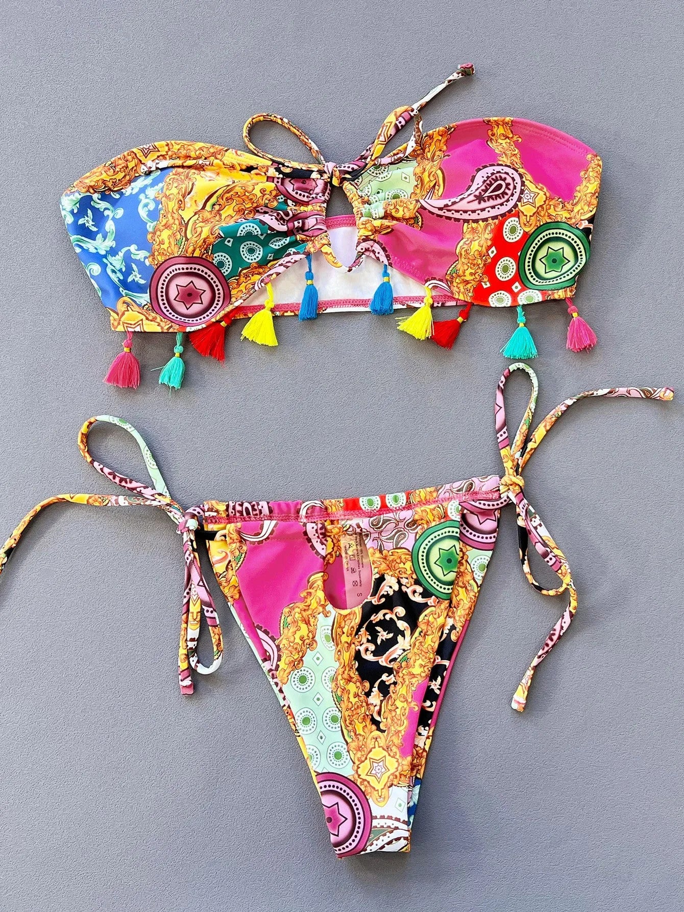 Women's printed separate bikini set with tube top and briefs for swimming