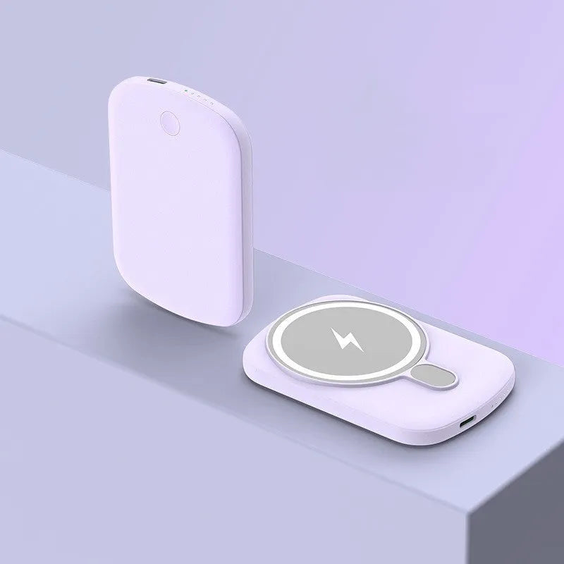 Magsafe magnetic wireless power bank in four colours with iPhone charging demonstration