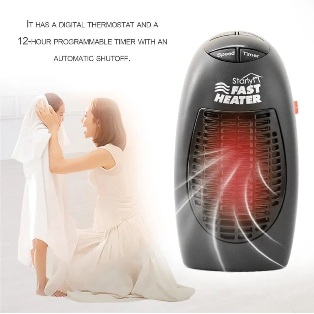 Black compact mini ceramic electric heater with digital display and a rotating plug.
