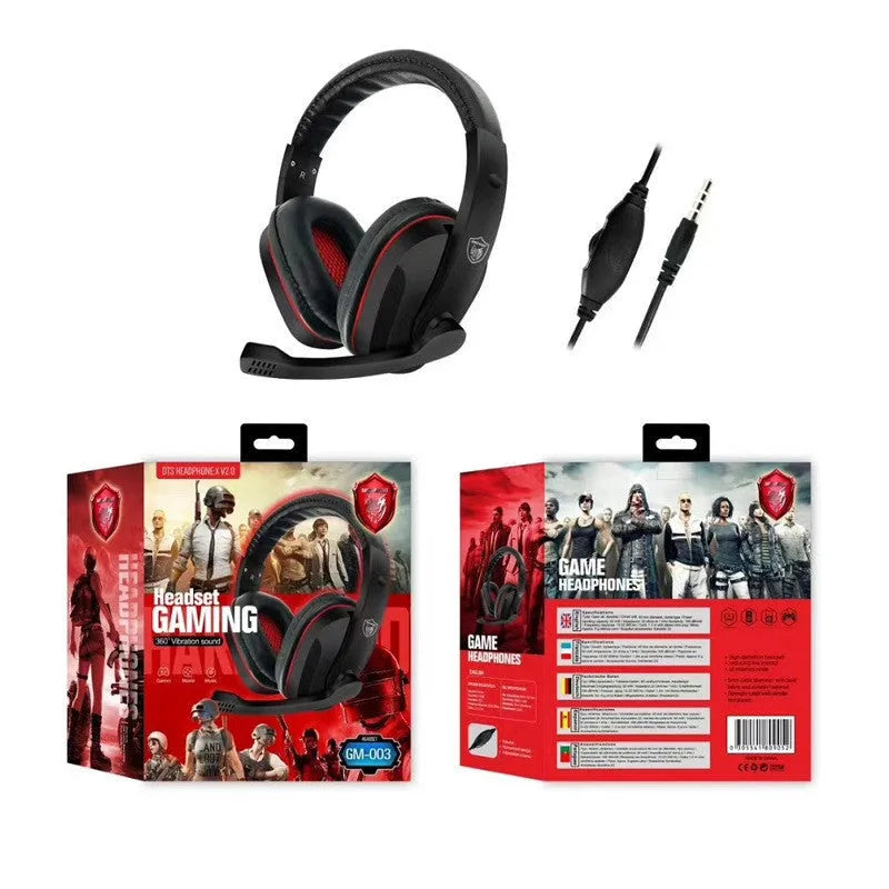 Black wired gaming headset with 6.3mm straight plug and 40mm speakers for heavy bass audio