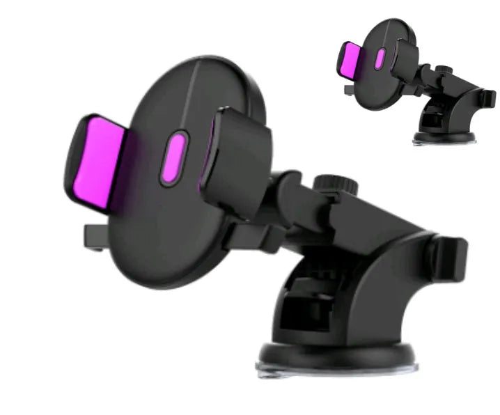 Black telescopic arm car phone holder with suction cup mount on a dashboard.