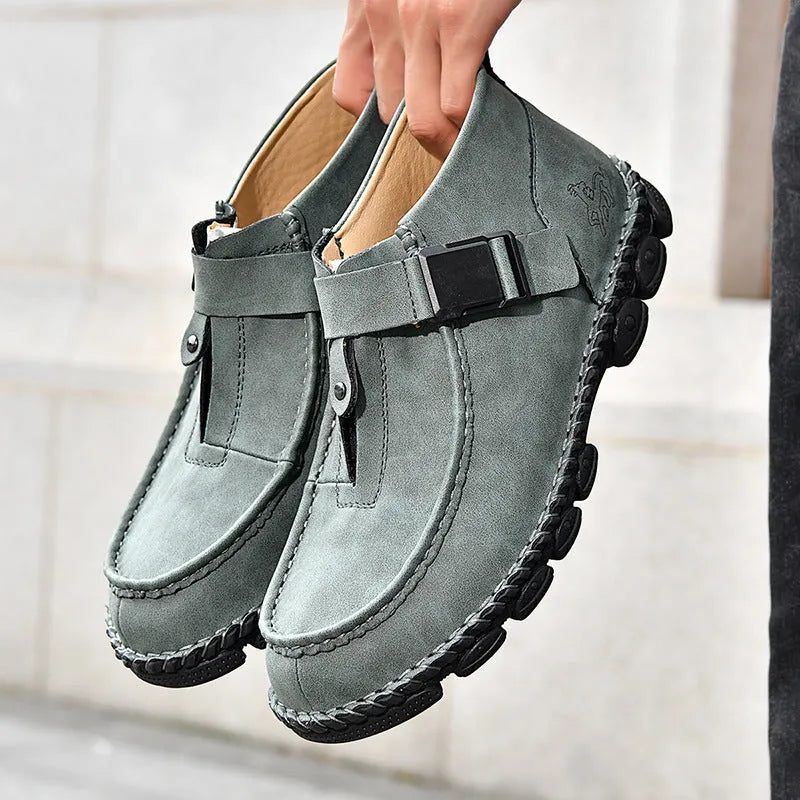 Men's handmade sewn casual slip-on shoes in black synthetic leather with a flat sole