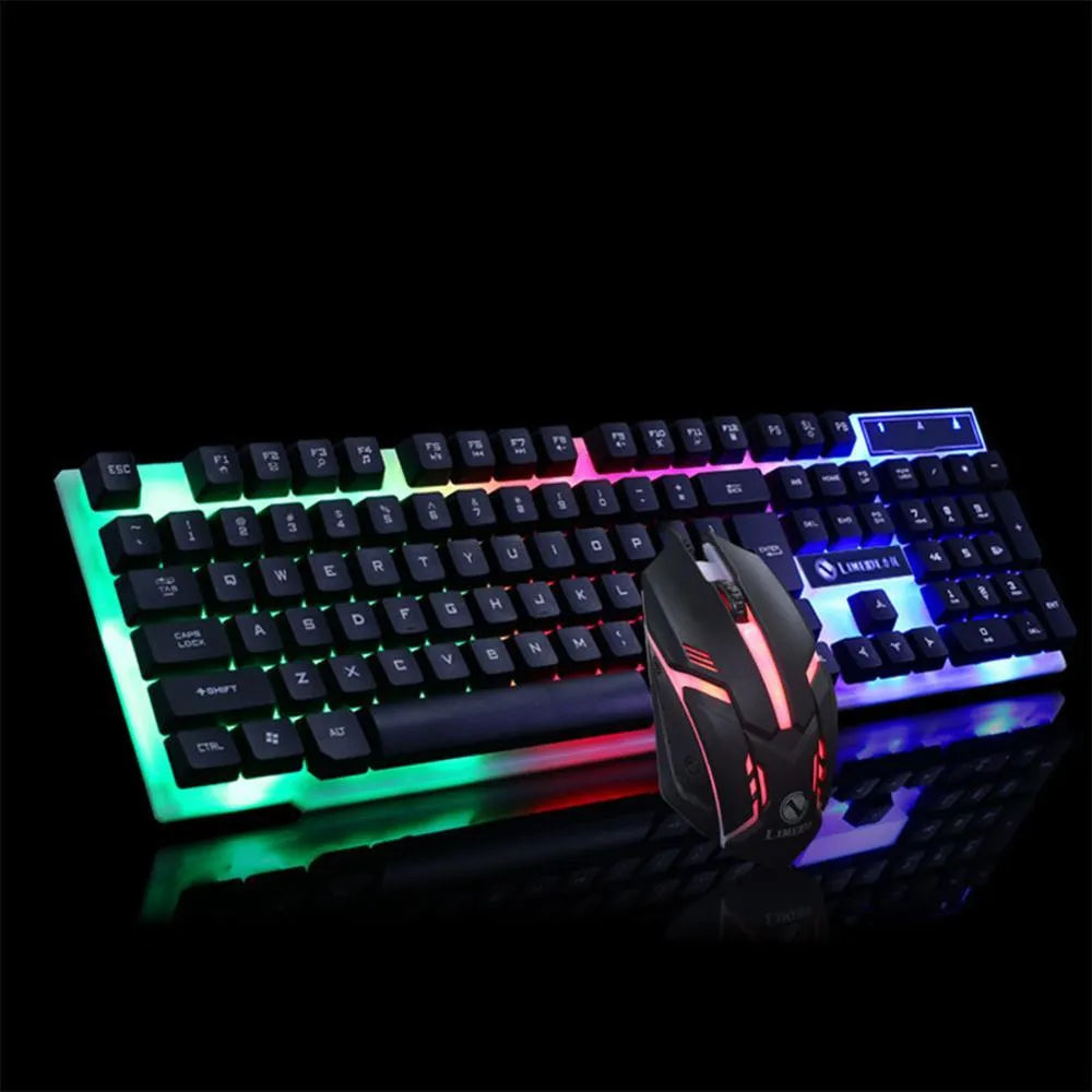 GTX300 black and white gaming keyboard and mouse set with backlit keys on desk