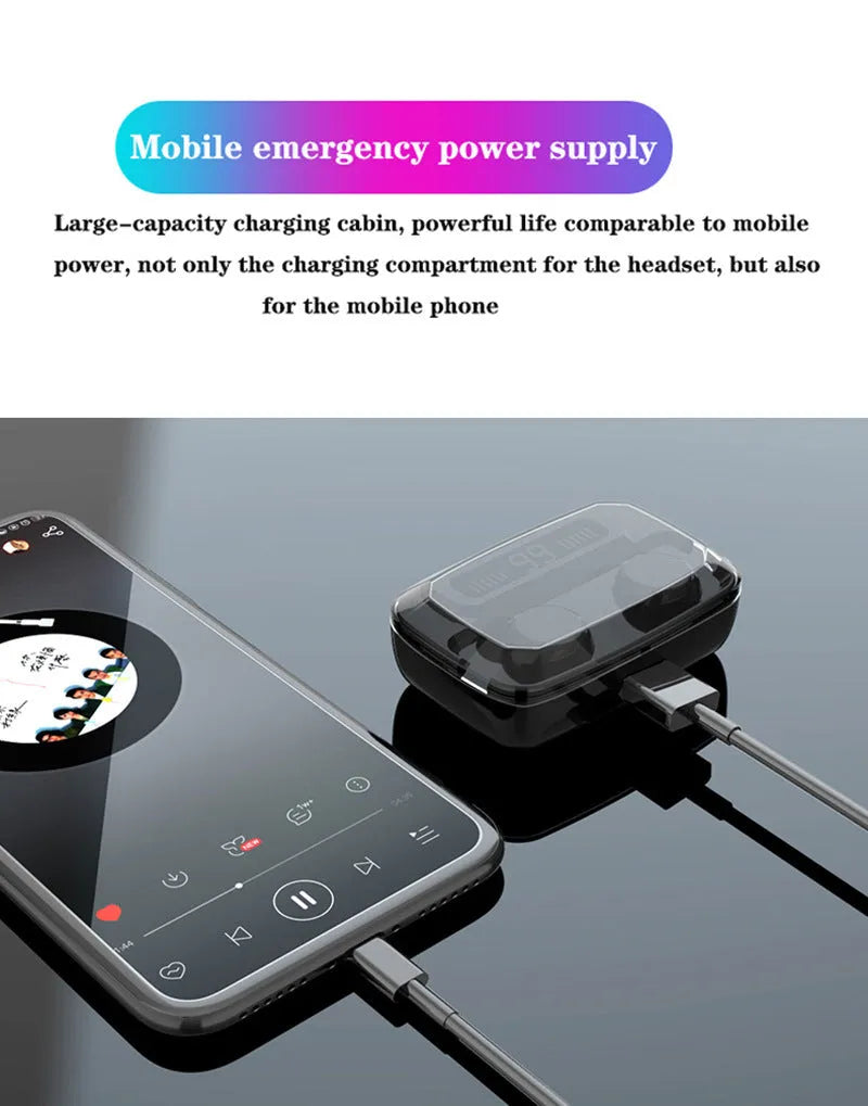 Black M11 style wireless Bluetooth headset with digital display and IPX7 waterproof rating.