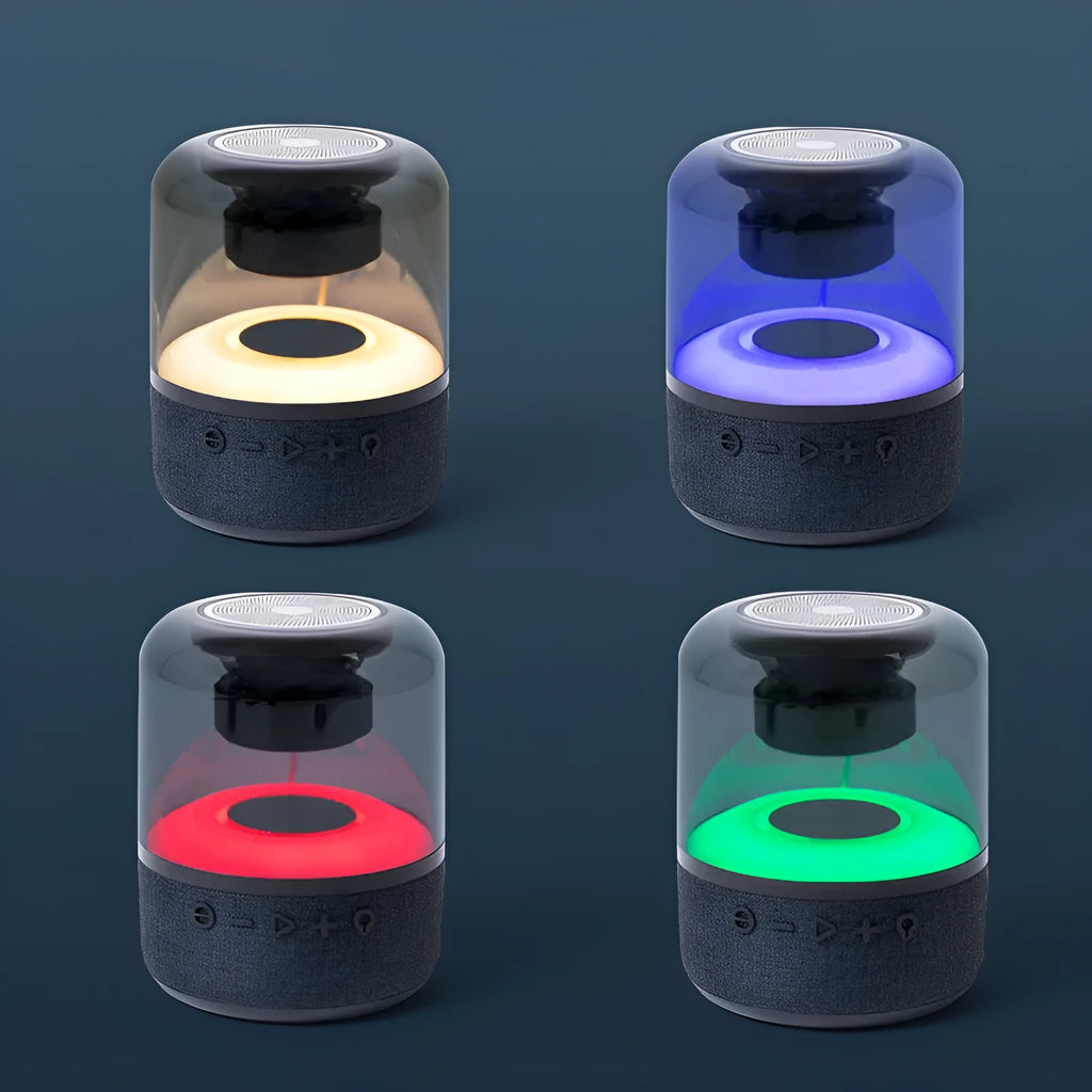 Black wireless Bluetooth speaker with colour-changing halo lights and control buttons