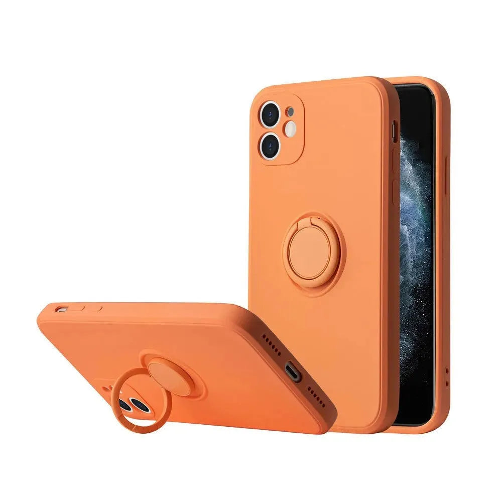 Liquid silicone ring bracket back cover case for iPhone 12 in black, showing integrated ring for grip