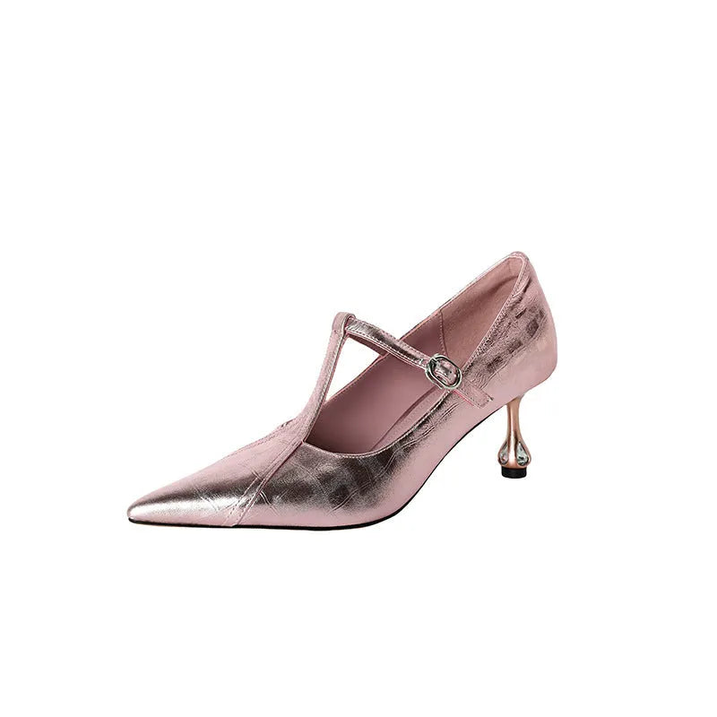 Women's gun colour Mary Jane pumps with genuine leather upper and chunky 3-5cm heel