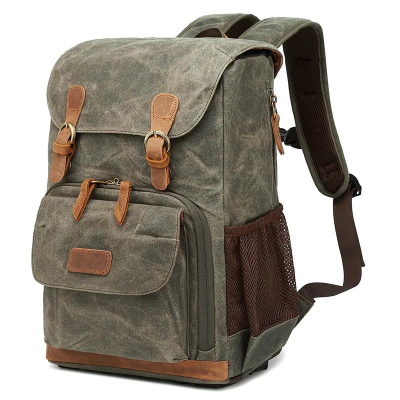 Canvas multi-functional DSLR camera backpack in khaki, waterproof and wear-resistant solid colour design