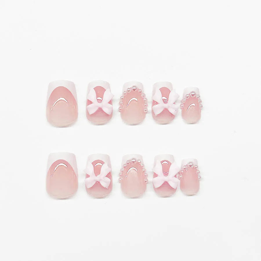 Short French manicure nail art set with bow patterns and S274 glue bottles