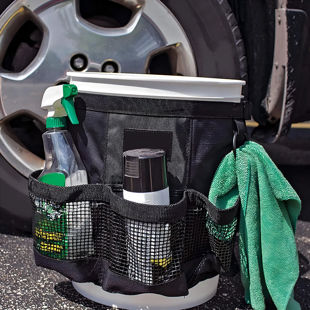 Black cylindrical hanging storage bag for 5 gallon barrels, car washing tools, and fishing tackle