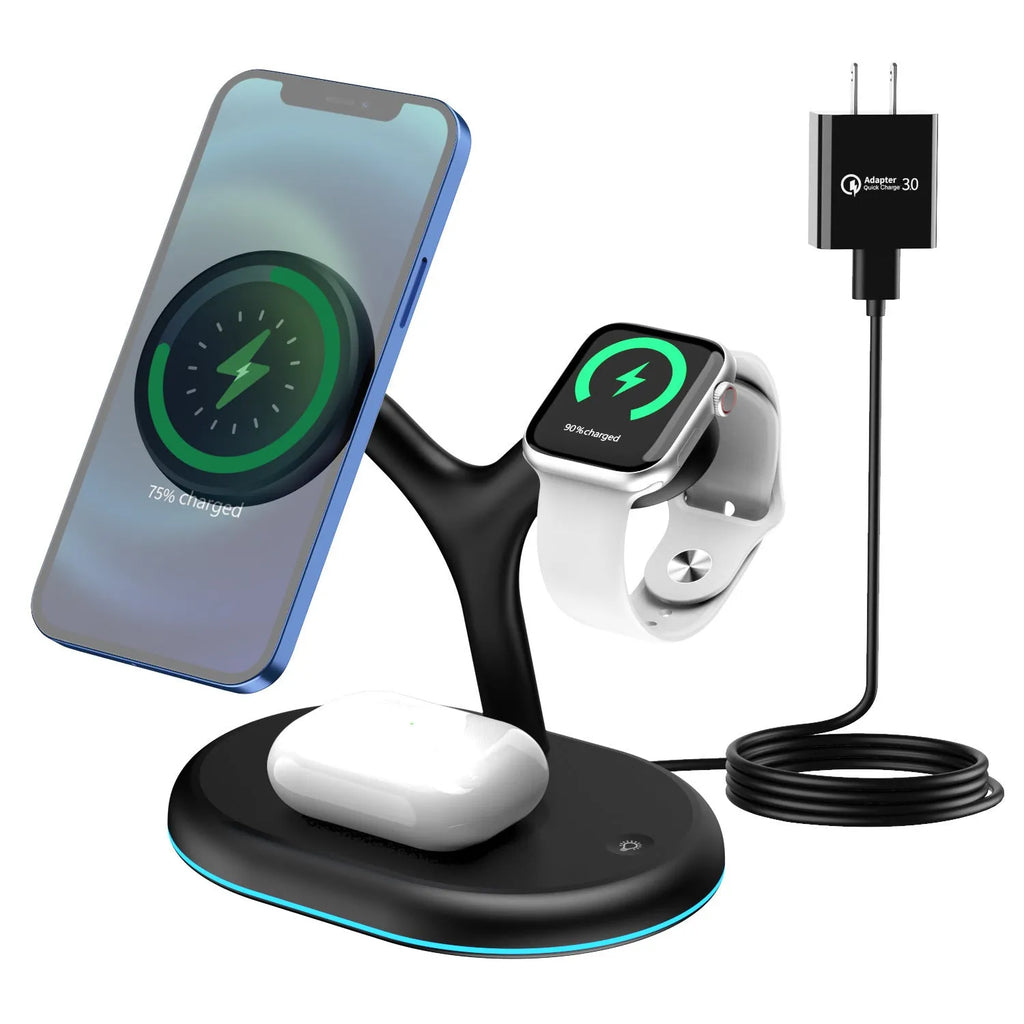 Black magnetic wireless charger with three functions and ABS plastic casing