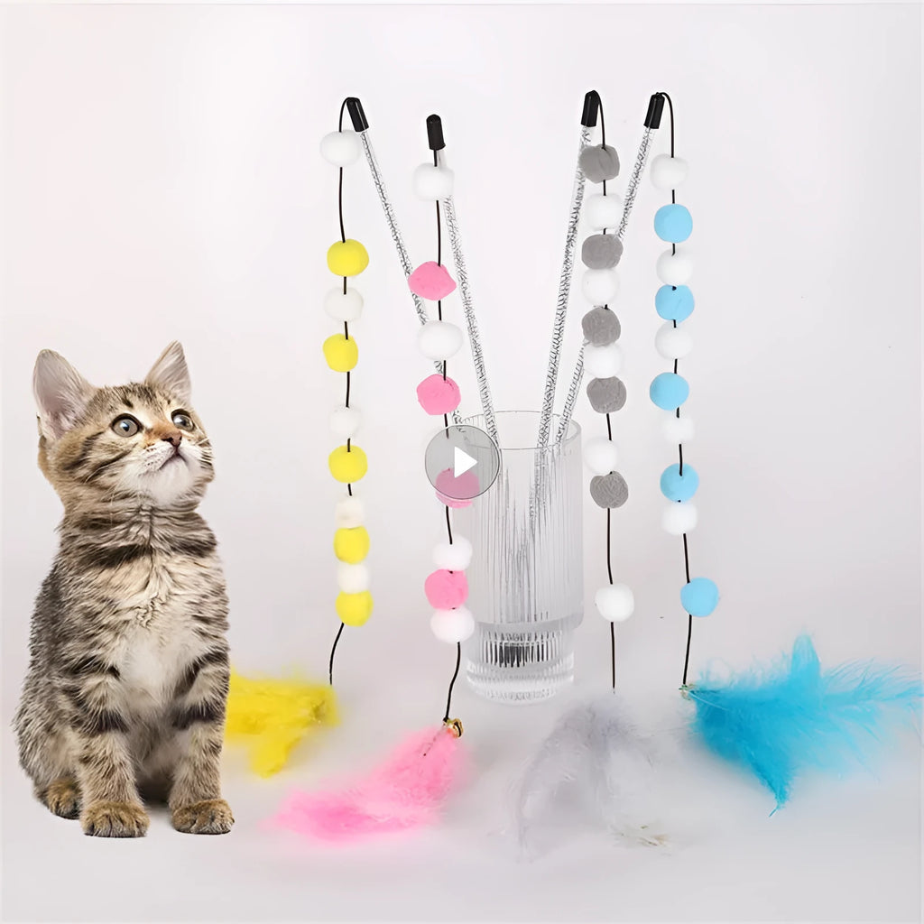Colourful cat teaser interactive toy rod with bell and feather attachments