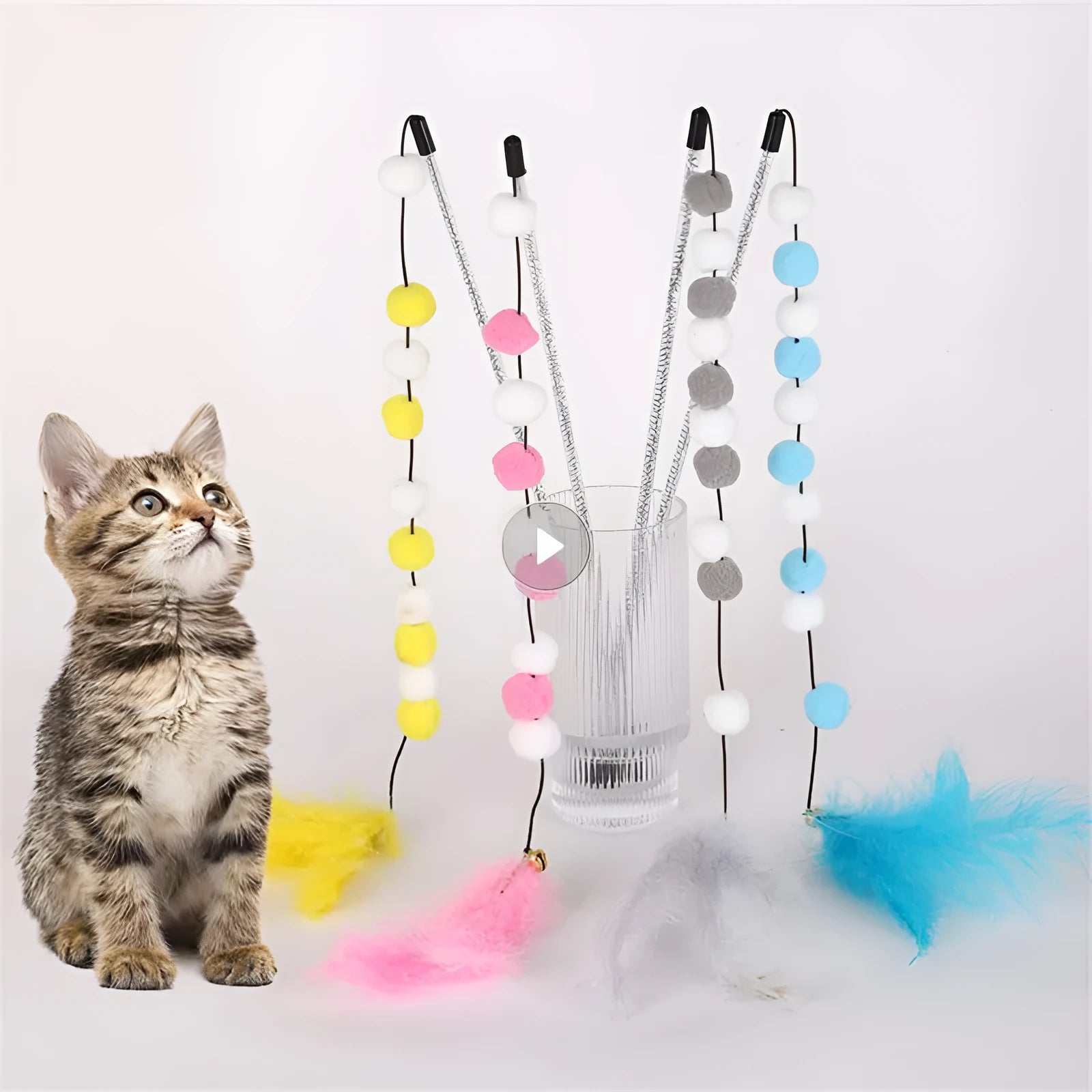 Colourful cat teaser interactive toy rod with bell and feather attachments