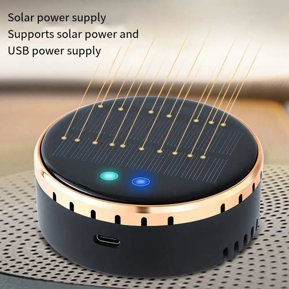 A black solar-powered car air humidifier mounted on a vehicle's air conditioning vent.