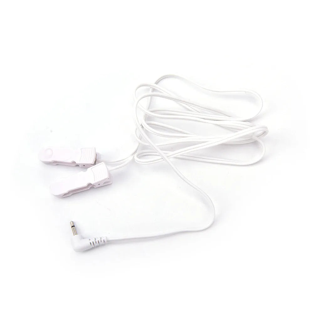 White massage ear clip with 3.5mm electrode wire for TENS machine, two clips included, handheld control