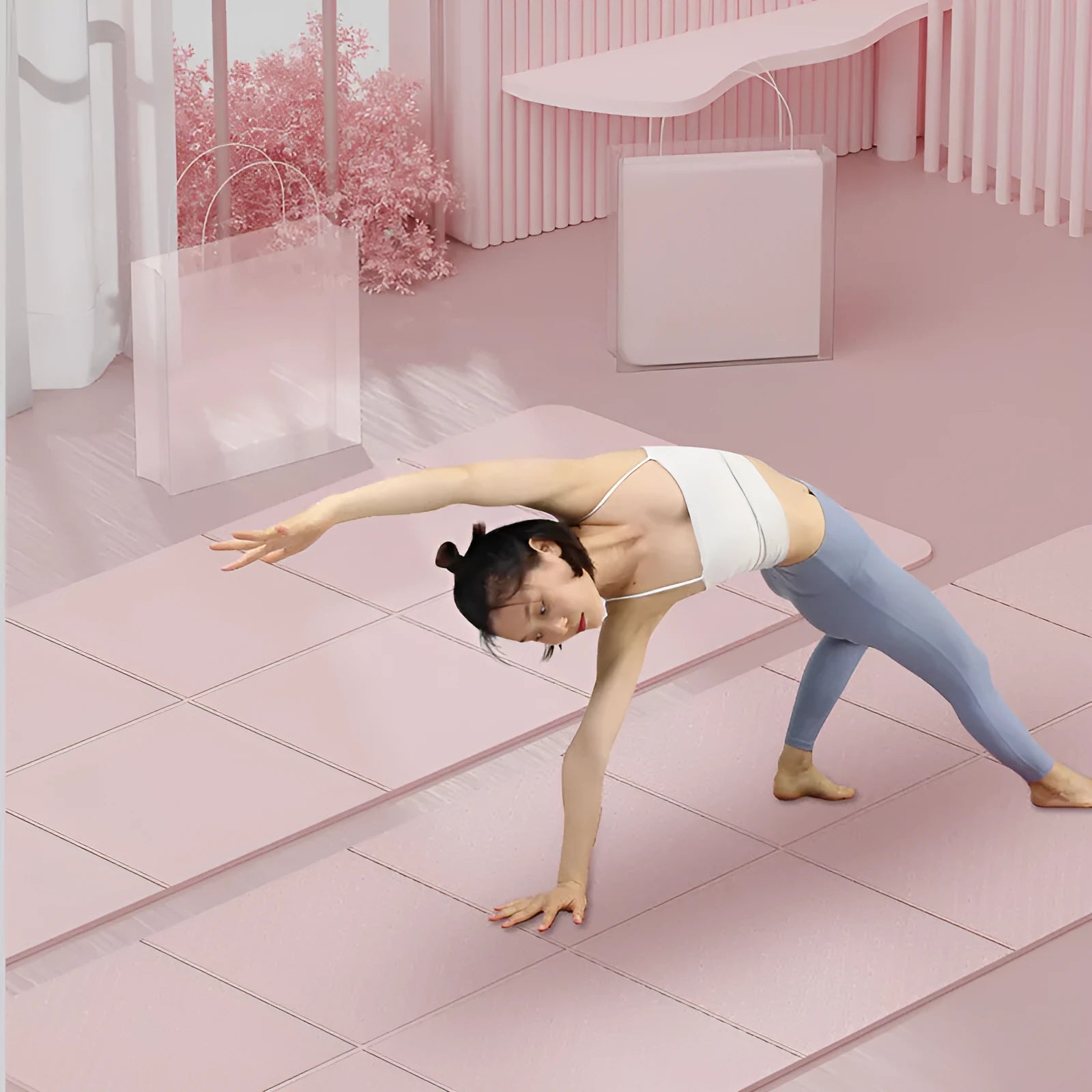 Blue folding portable TPE gymnastics mat unfolded on a floor, showing its 183cm length and non-slip texture.