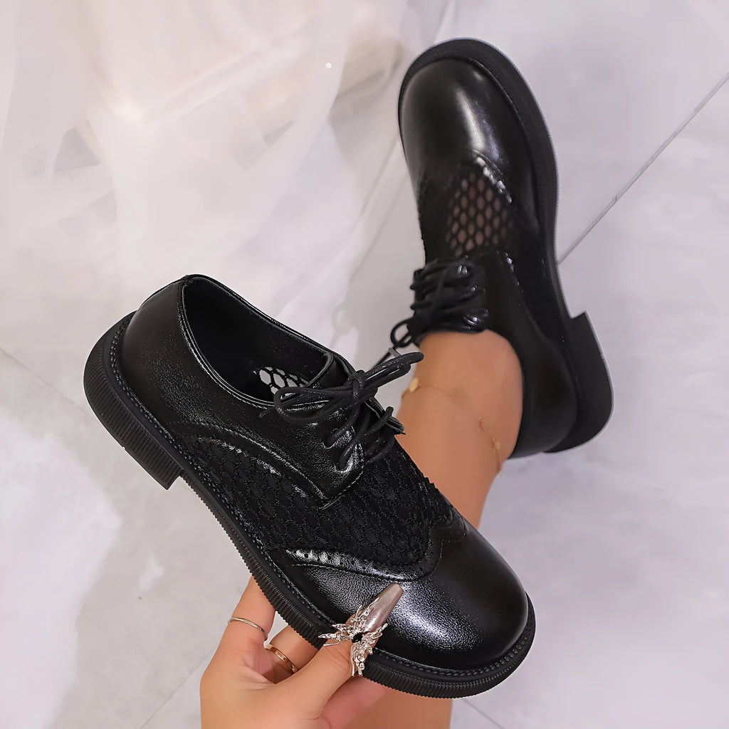 Women's mid heel lace-up mesh PU leather shoes, black single colour, low square heel, round toe design