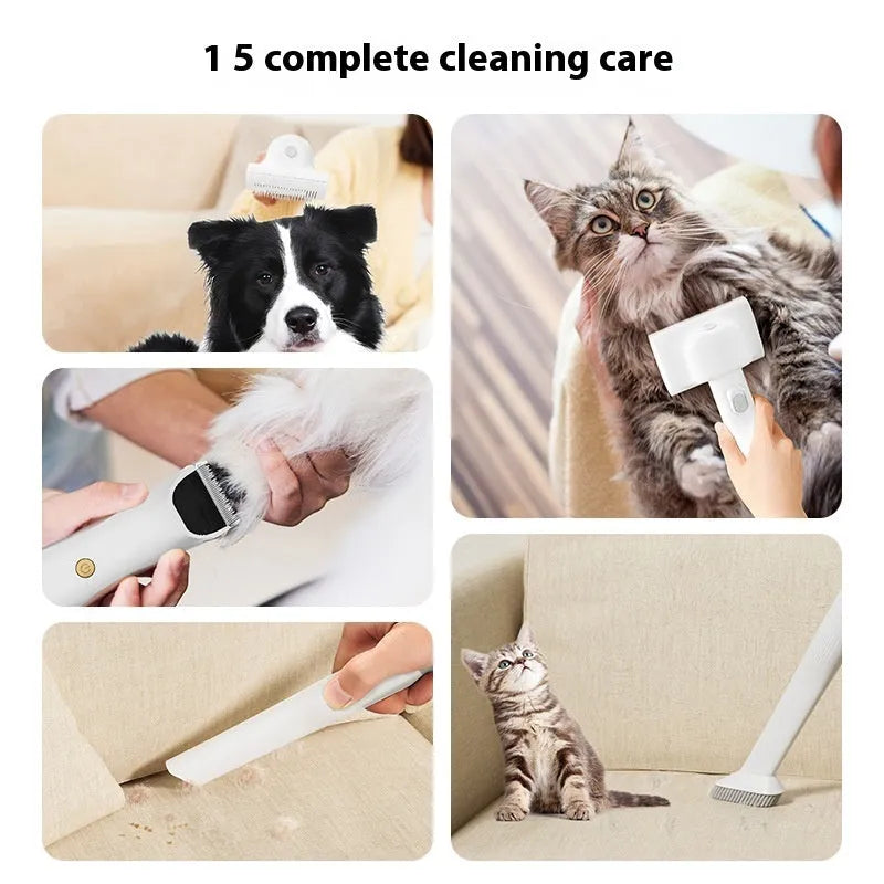 Pink and white pet hair vacuum cleaner and grooming shaver kit with attachments on a white background.