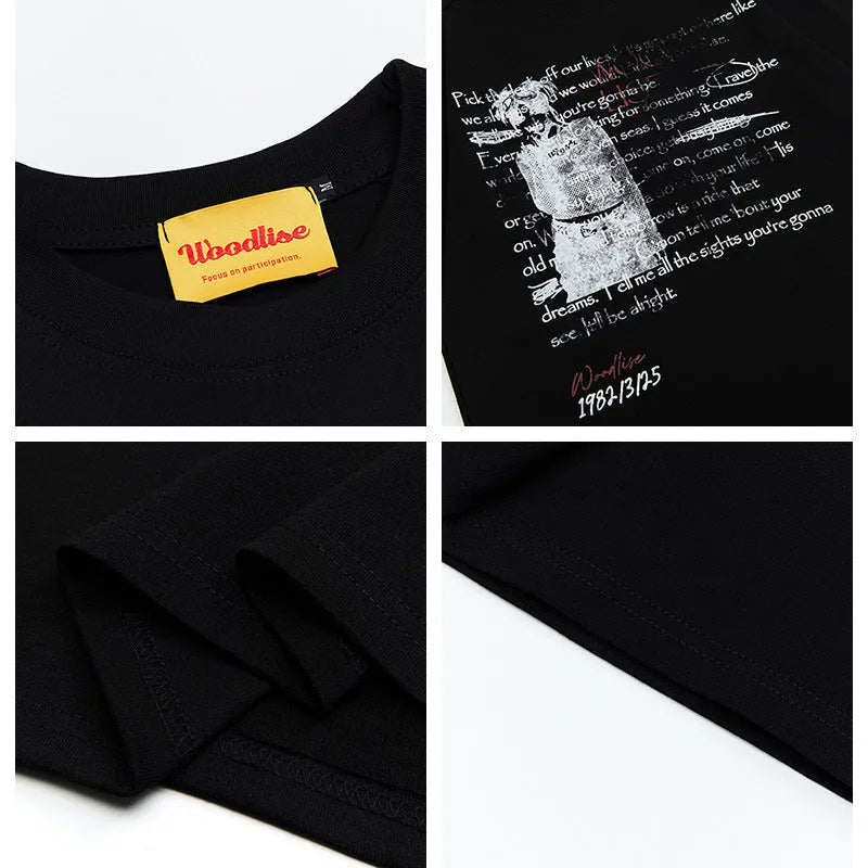 Men's black loose fit cotton t-shirt with white letter print and raglan sleeves