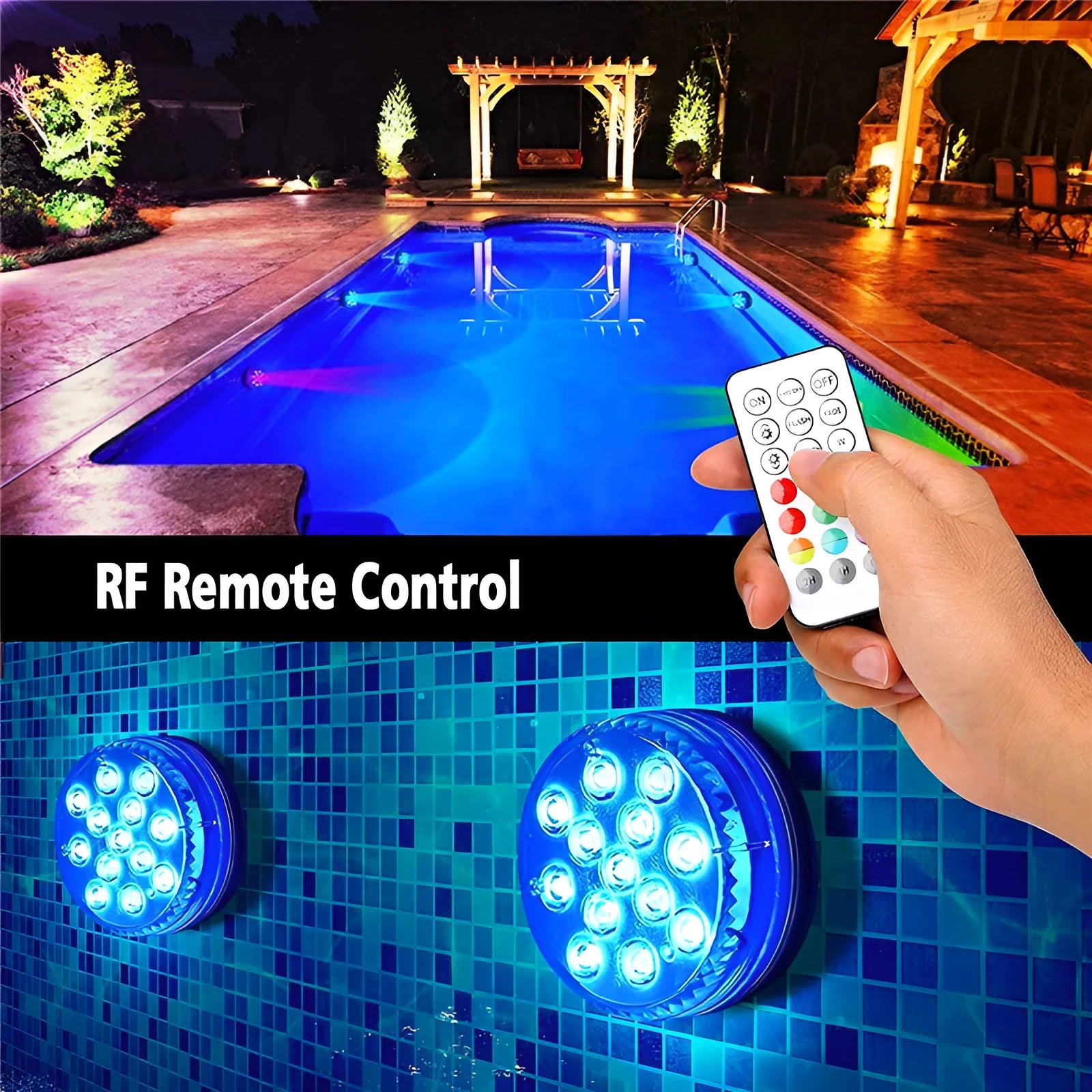Colour changing remote control diving light with 7cm diameter and IP68 waterproof rating