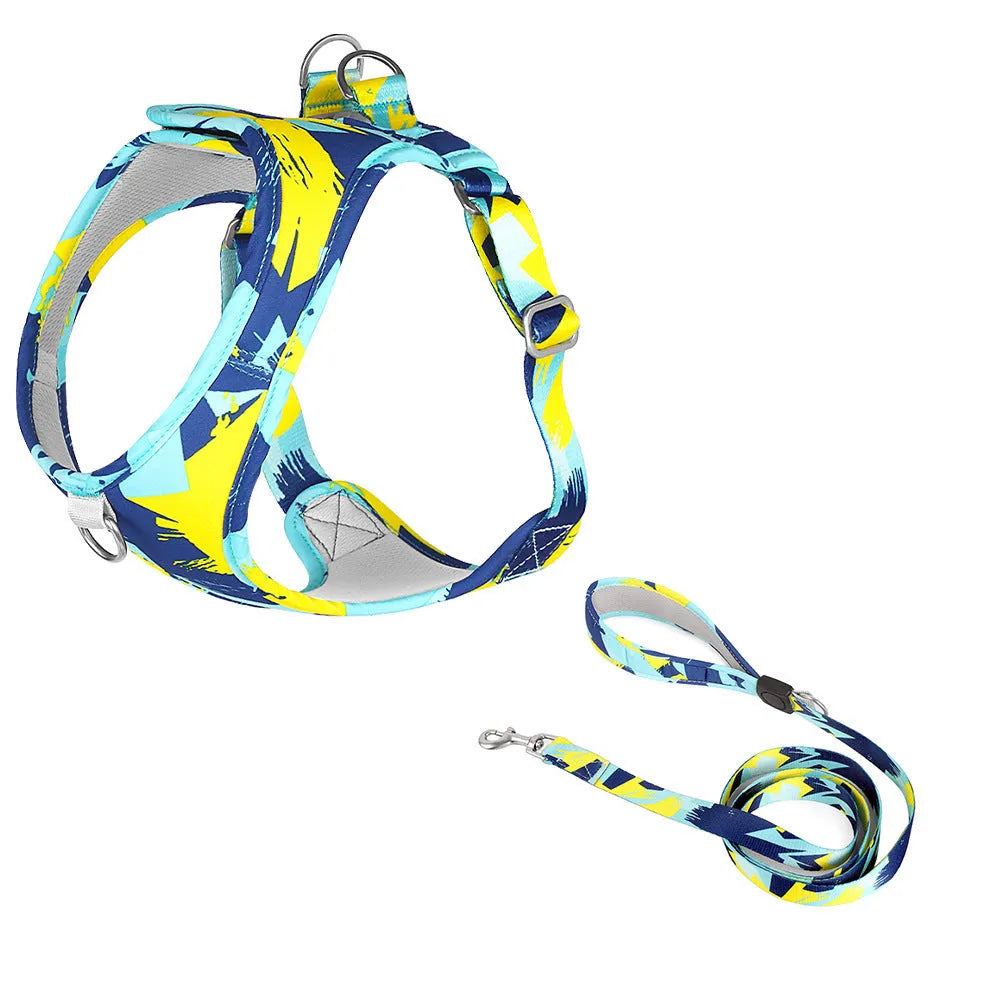 Printed breathable polyester pet harness suit in red flower camouflage with matching traction rope for small dogs
