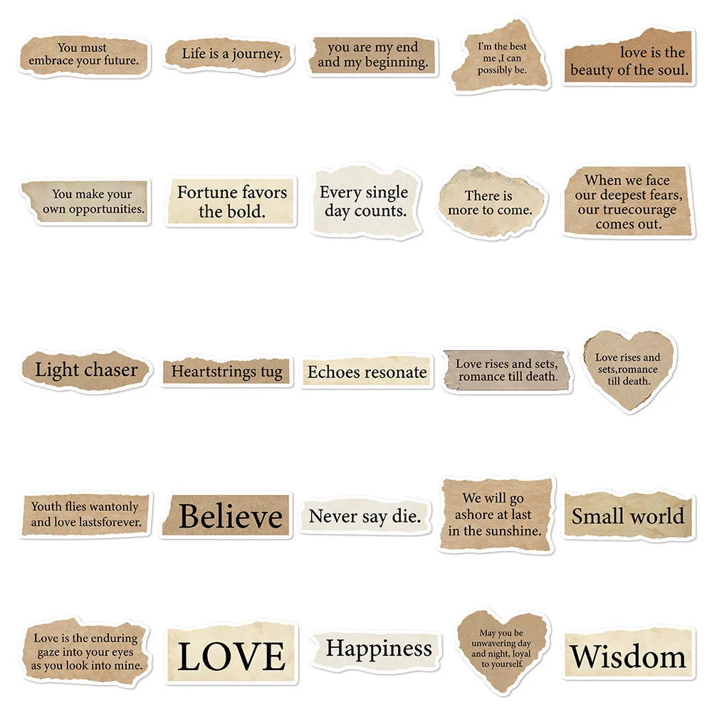 Torn English decorative laptop stickers in matte and glossy PVC finishes, 4-7cm each