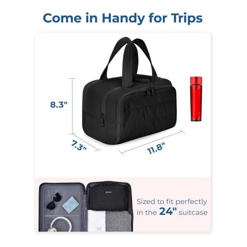 Large open travel toiletry bag in polyester fabric showing interior pocket and zip closure.
