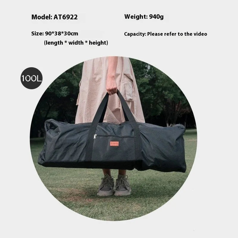 Large black waterproof storage bag for camping tents and folding chairs, shown with size dimensions.