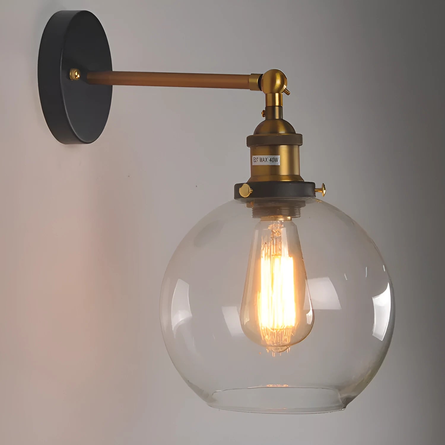 Round ball glass wall lamp in retro style with aluminium holder, 20cm diameter