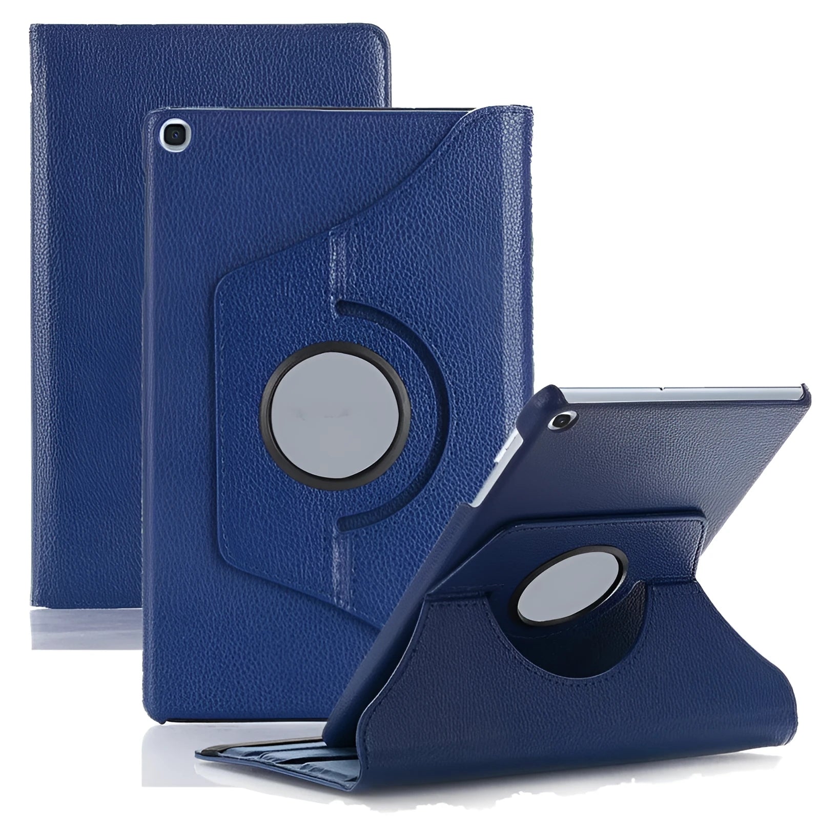iPad rotating protective sleeve in imitation leather clamshell design showing rotation function and solid colour options