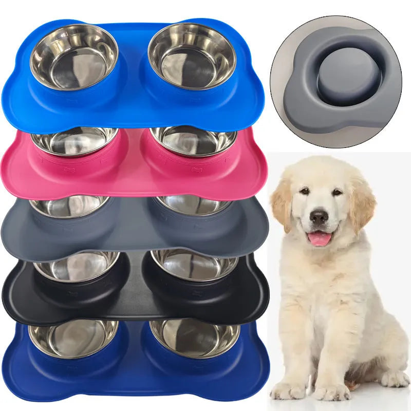 Large silicone dog bowl with stainless steel insert showing double compartment design for food and water separation