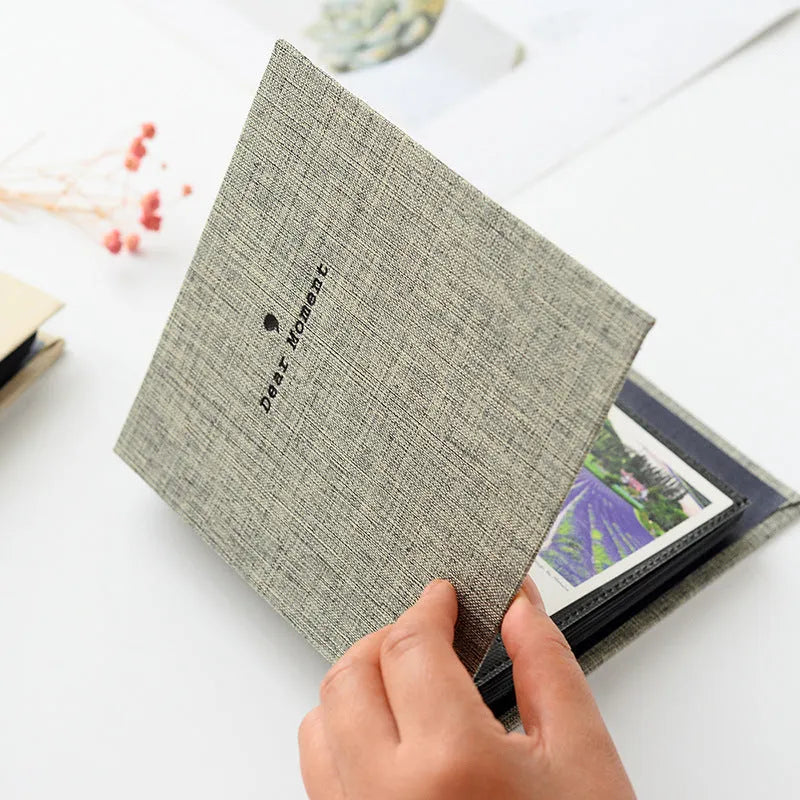 Cotton and linen loose-leaf pocket photo album for 3-inch and 5-inch prints, beige colour, closed view