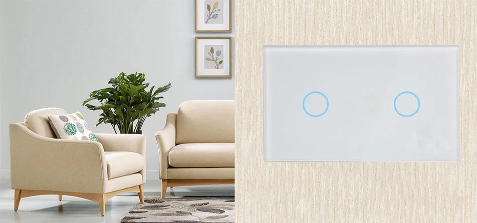 Two-gang tempered glass touch light switch with RF remote control in white, black or gold finish