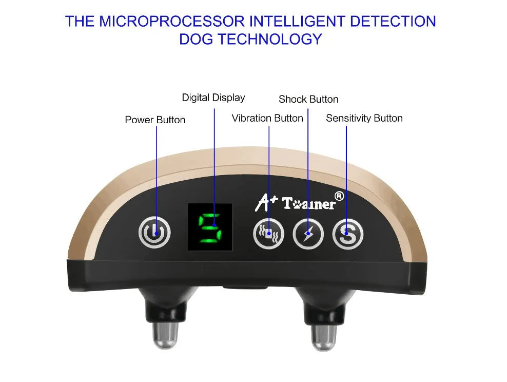 Digital anti-bark training collar with control unit displaying screen, adjustable nylon strap, and micro-USB charger