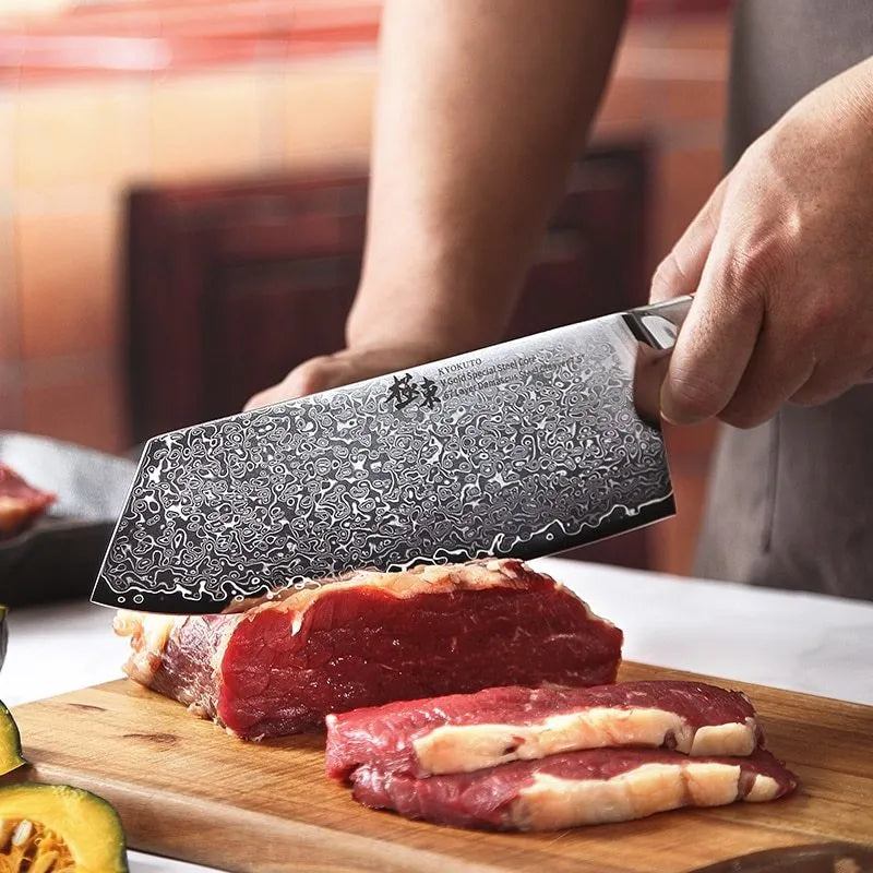 Damascus 8-piece kitchen knife set with 67-layer steel blades in New Chinese style on a wooden board
