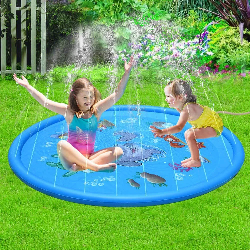 Blue PVC children's water spray play mat with marine animal designs, shown in 100cm and 170cm sizes.