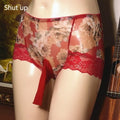 Men's printed black ice silk mesh underwear with a mid-waist brief style on a neutral background.