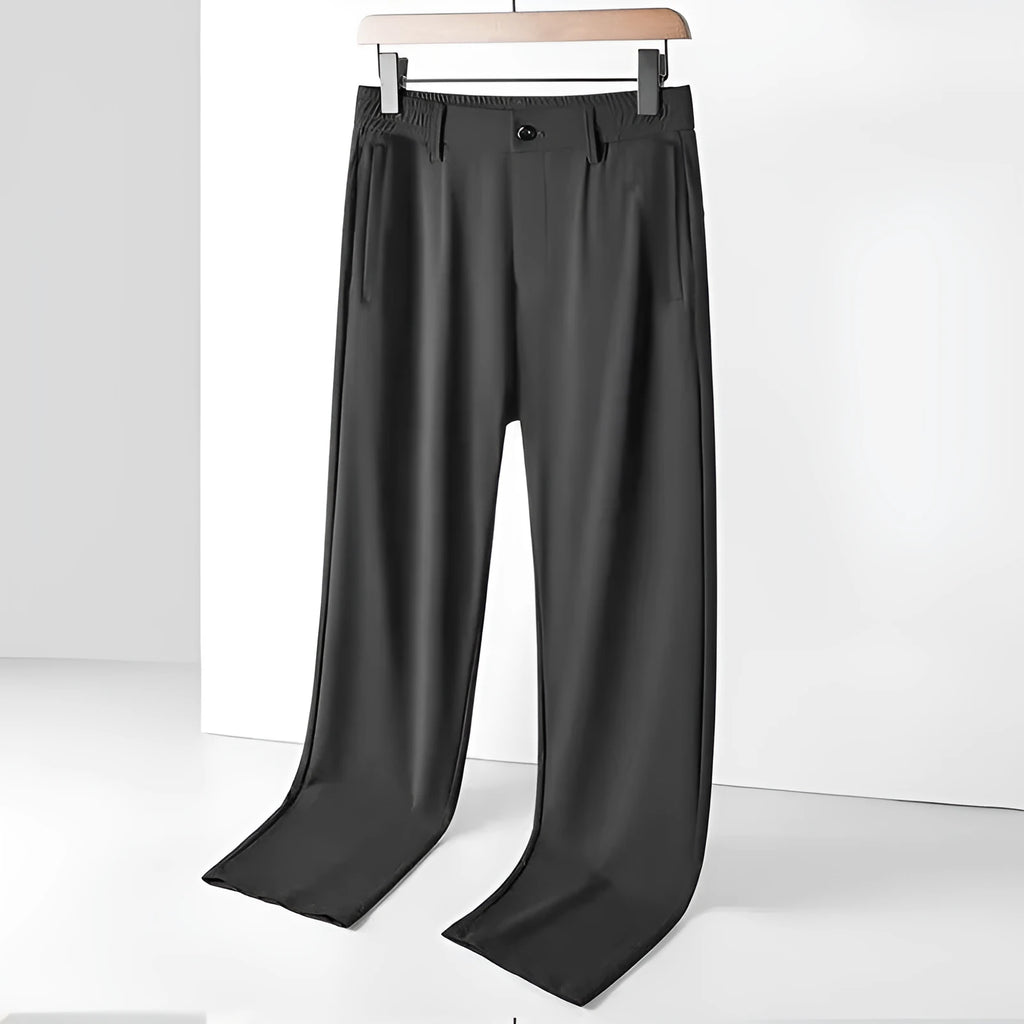 Men's ice silk straight loose trousers in black with elastic open waistband shown folded