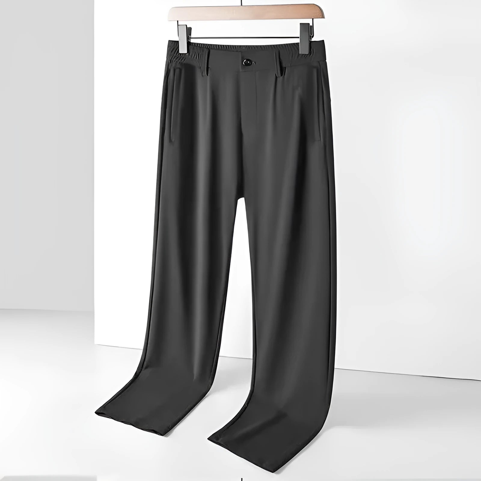 Men's ice silk straight loose trousers in black with elastic open waistband shown folded