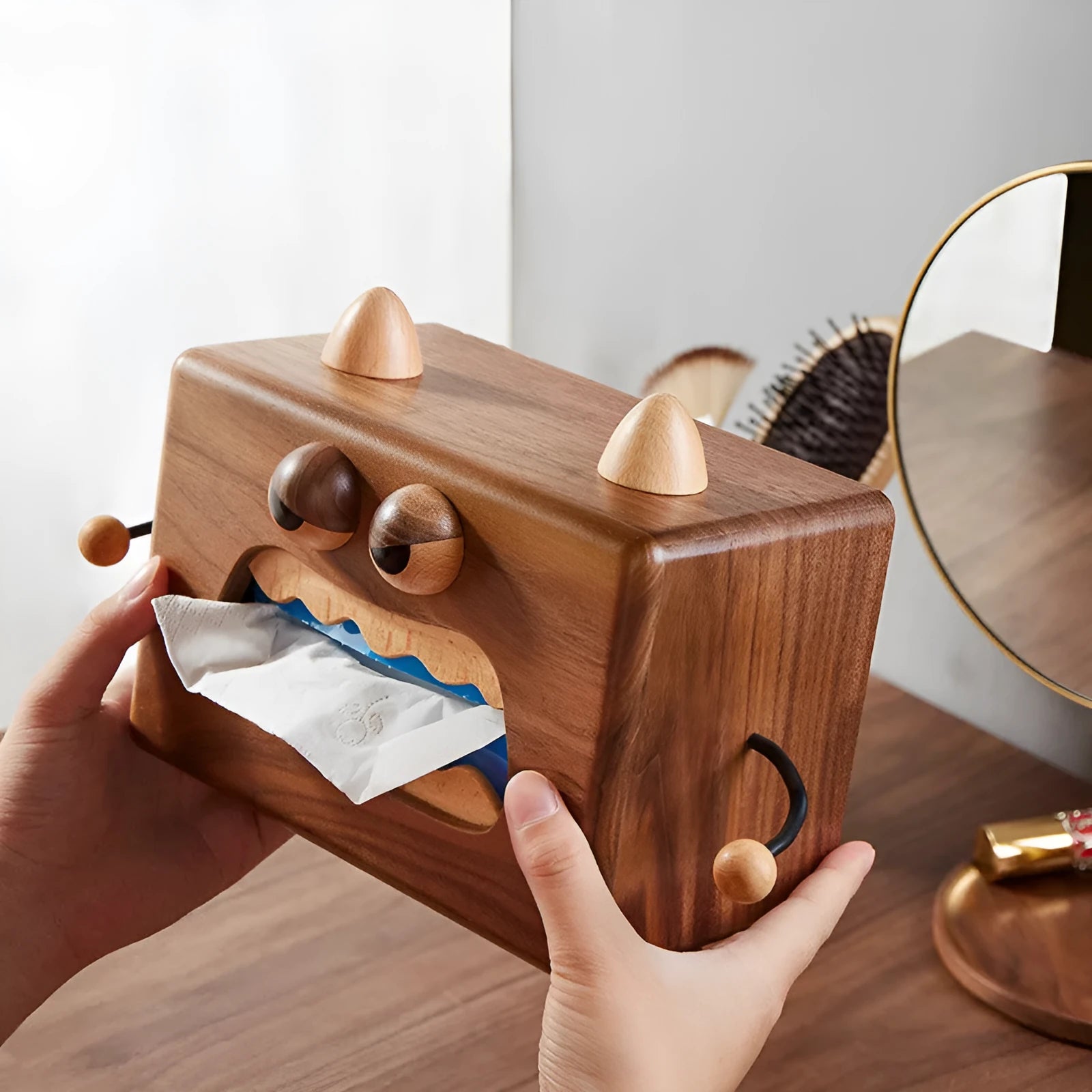 Walnut finished beech wood tissue box with Little Monster cartoon face, dimensions 190mm by 104mm by 125mm