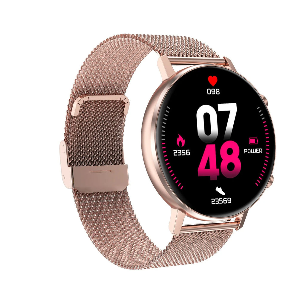 DT96 smart fitness bracelet with steel strap and 1.3-inch colour screen showing heart rate data.
