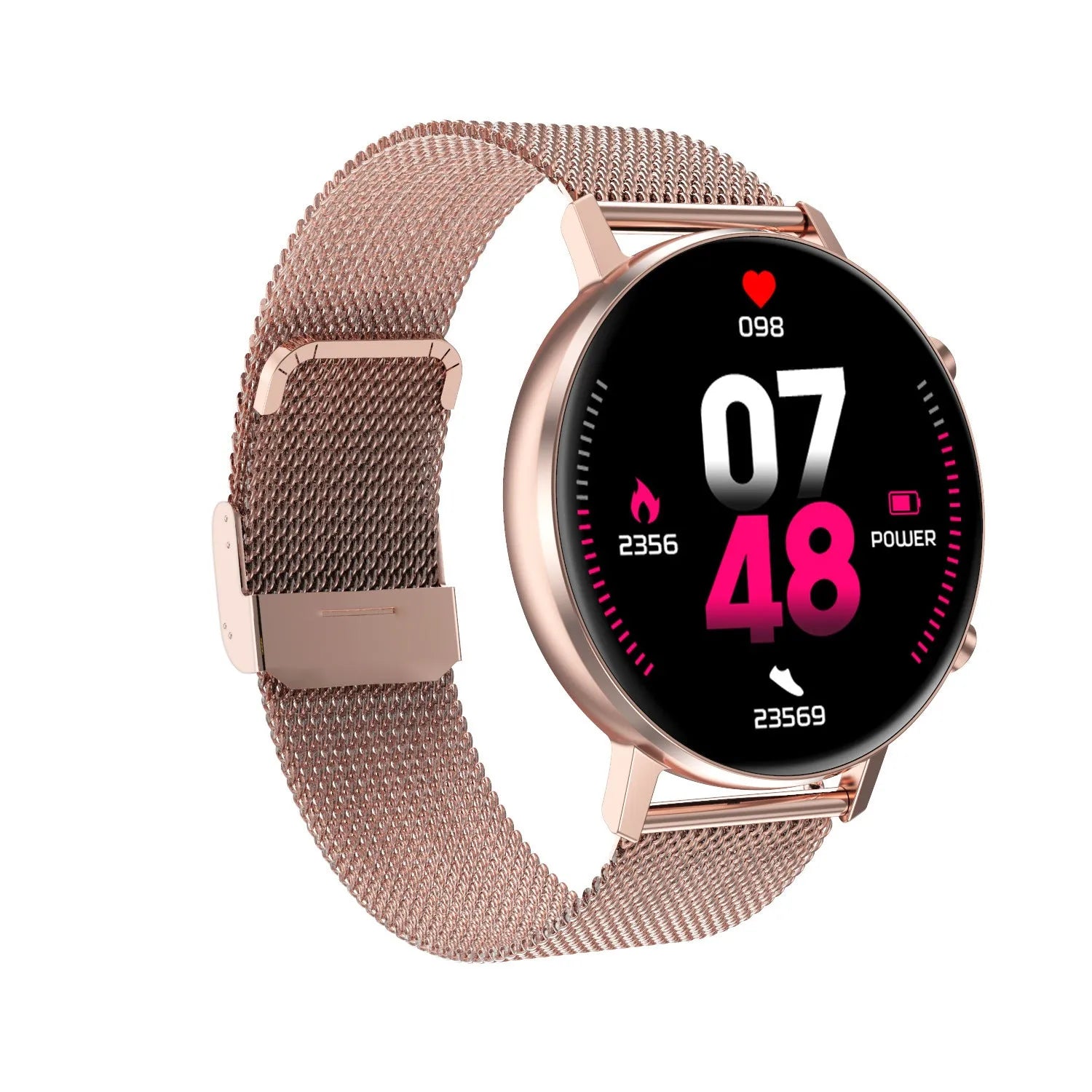 DT96 smart fitness bracelet with steel strap and 1.3-inch colour screen showing heart rate data.