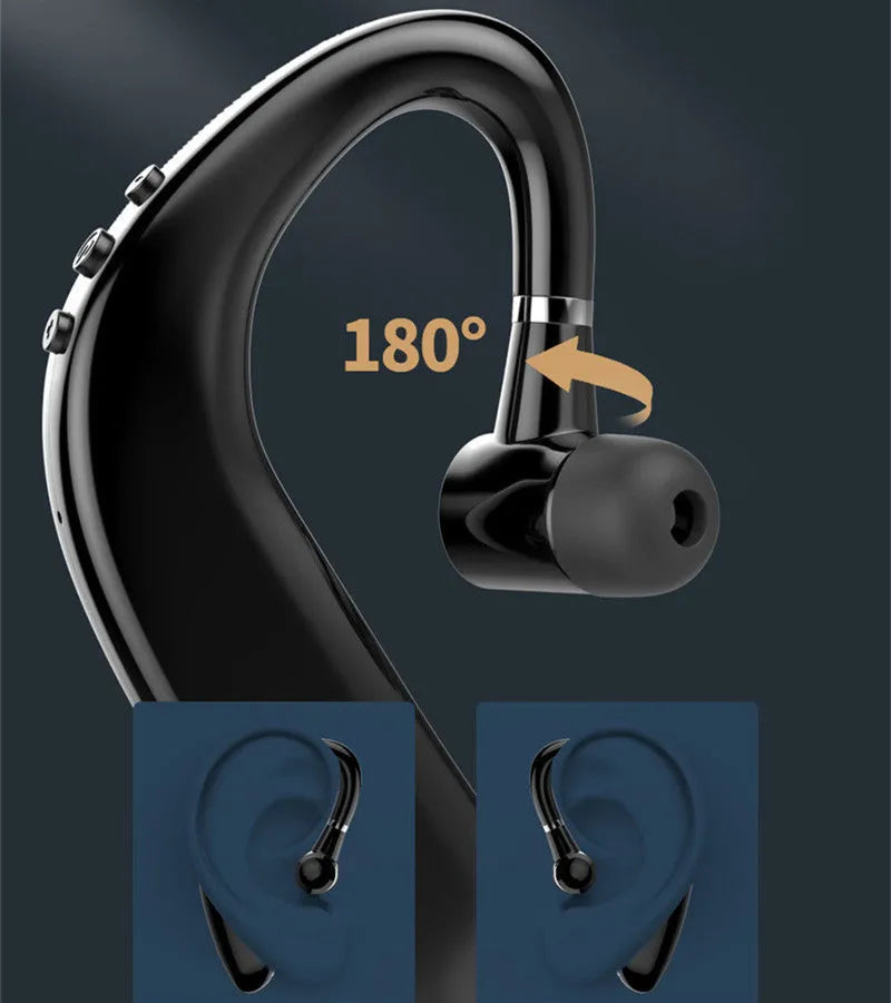 Single-ear Bluetooth headset in black or blue with rotatable earpiece and microphone
