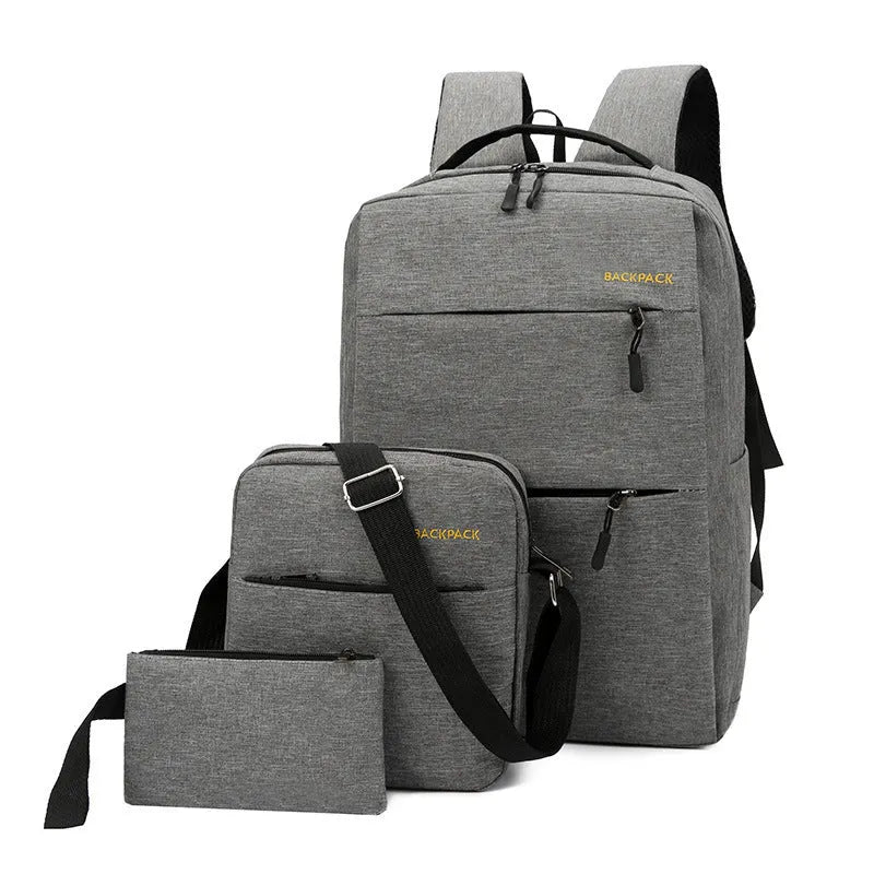 Three men's waterproof nylon laptop backpacks with USB charging ports in black, grey, and wine red colours