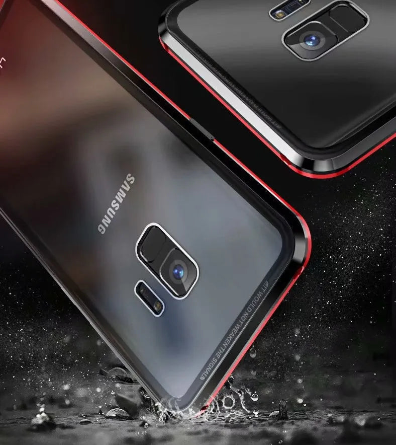 Black anti-peeping magnetic clamshell phone case for Samsung Galaxy smartphones shown closed.