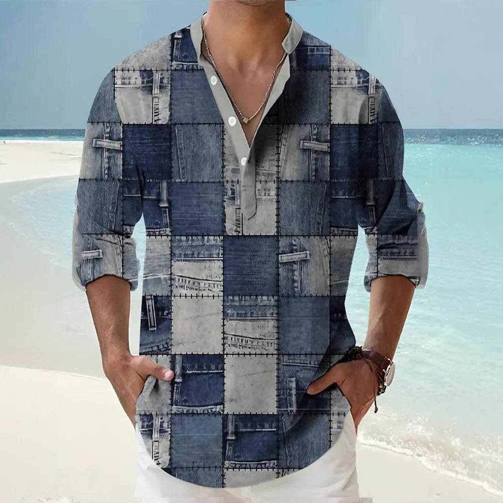 Thin striped long sleeve casual shirt in digital bamboo linen style on a hanger.